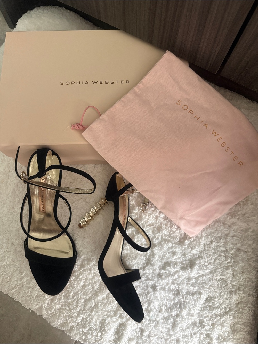 Sophia Webster Black Suede Strappy Heels with Gold Star Heel